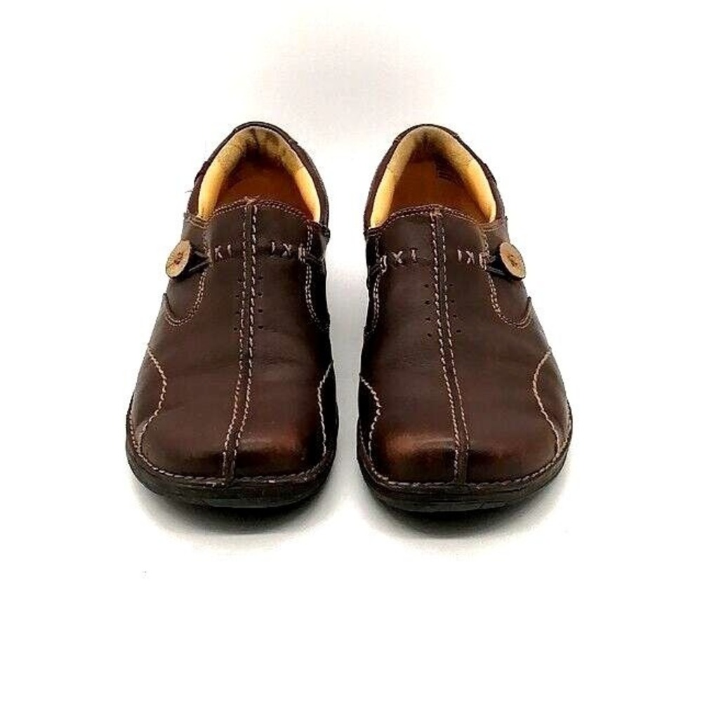Clarks Unstructured Shoes Womens Loafer Brown Leather Shoe Button‎ Stretch 7.5